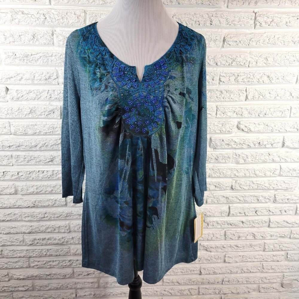 Energe Womens Top 2X Plus Tunic 3/4 Sleeve Blue Floral Rhinestone FLO71E
